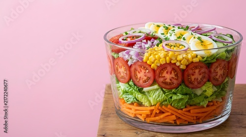 Fresh vegetable salad layered in a glass bowl on a wooden board
