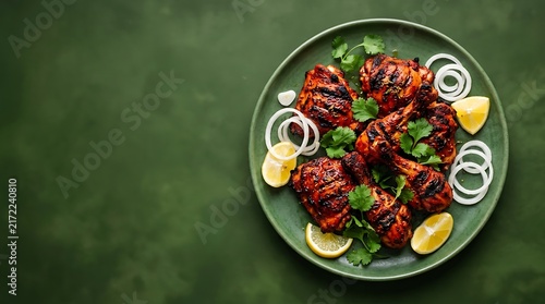 Top view of delicious indian chicken tikka served with fresh onion rings and lemon wedges on a plate