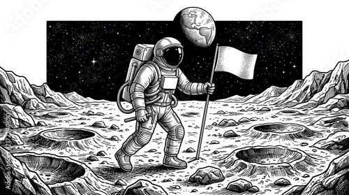 Astronaut planting flag on the surface of the moon.