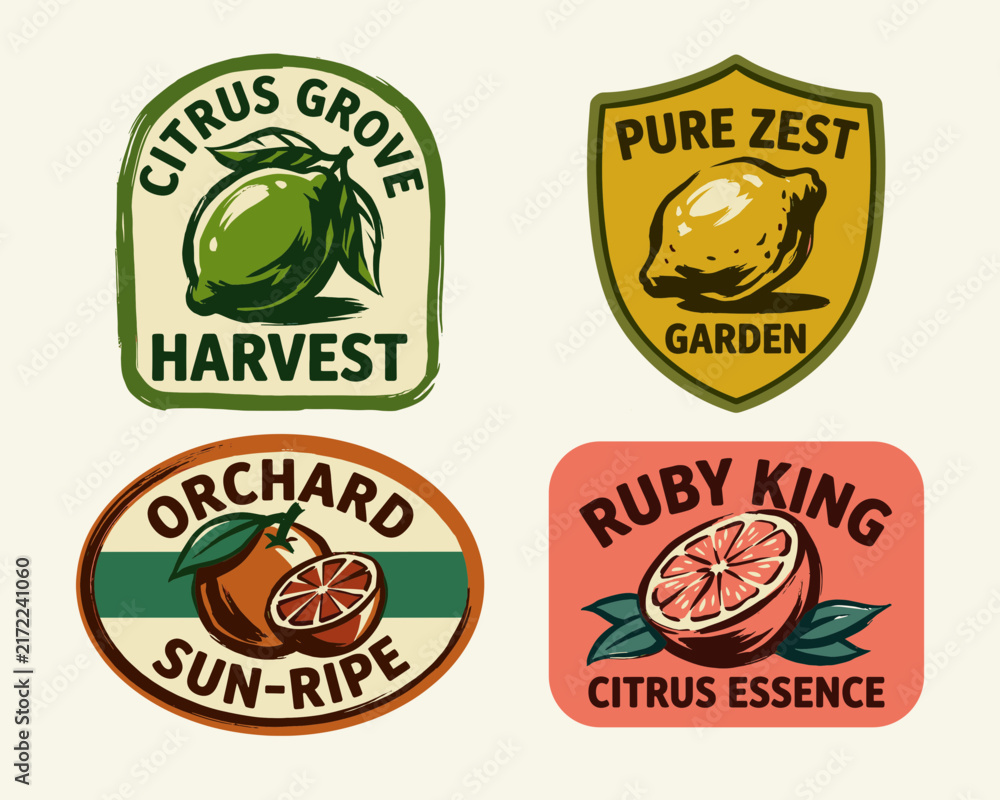 Fototapeta premium Vintage citrus fruit labels collection. Retro hand-drawn lime, lemon, and grapefruit emblems. Orchard harvest organic farm badge design set.