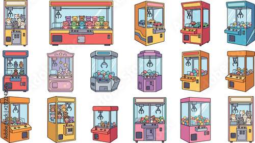 Amusement arcade claw crane machine vector icons set featuring colorful vintage retro game cabinets filled with plush toys isolated on white background, 19 words.
