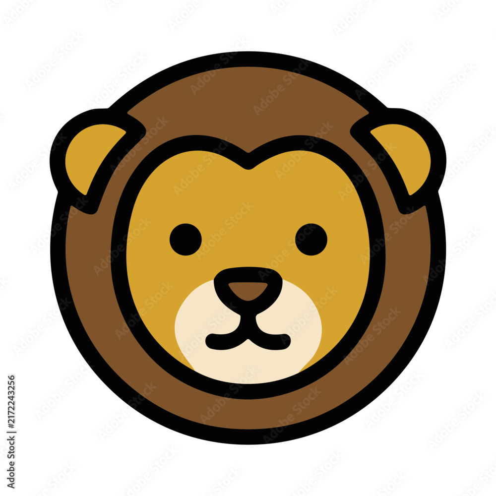 Fototapeta premium Cute Cartoon Lion Face with Brown Mane and Yellow Eyes Close Up