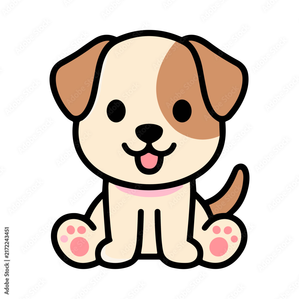 Obraz premium Cute Cartoon Puppy Sitting Happily With Pink Collar and Tongue Out