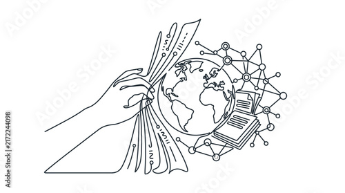 Continuous Line Drawing of Hand Revealing Global Network and Digital Knowledge Concept