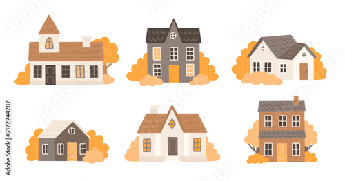 Cozy autumn houses set. Vector illustrations in flat style on white background. Different cartoon buildings with yellow trees. Design elements