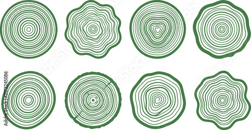Green tree rings vector set, organic wood cross section icons, 8 natural timber trunk growth ring patterns for eco branding