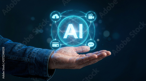 Hand holding hologram of artificial intelligence globe interface