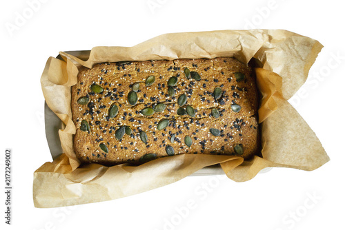 Homemade pumpkin seed bread, baked in the oven, gluten-free home baking, green buckwheat bread. Cut out background, PNG