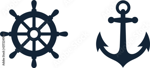 Ship steering wheel and anchor vector icon set, nautical marine navigation symbol flat design illustration