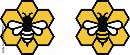 Honey bee on yellow honeycomb vector icon set, sweet organic honey brand logo concept design