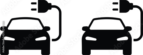 Electric car with plug vector icon set, eco friendly vehicle charging station concept design illustration
