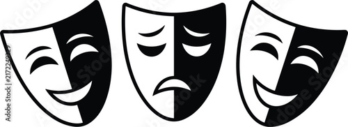 Theater comedy and tragedy masks vector illustration, black and white drama concept icon set design