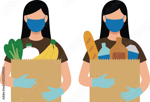 Woman wearing protective mask and gloves holding paper bags with groceries, vector flat illustration