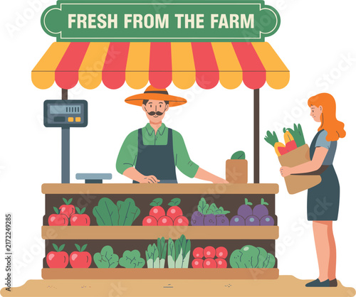 Farmer selling organic vegetables to a female customer at market stall, fresh food vector illustration