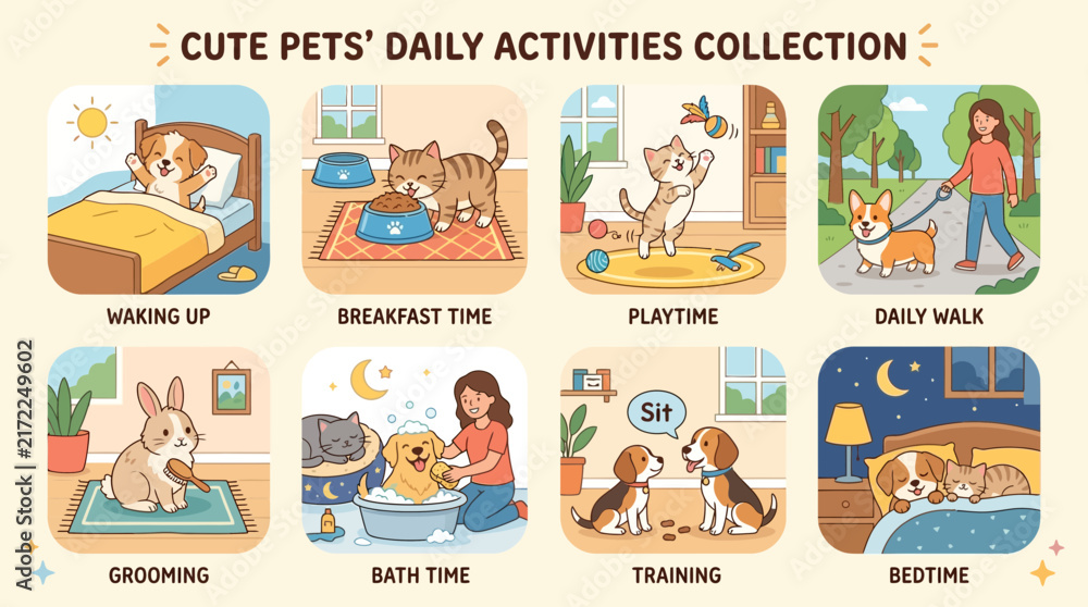 Fototapeta premium Cute pets daily activities collection set vector illustration