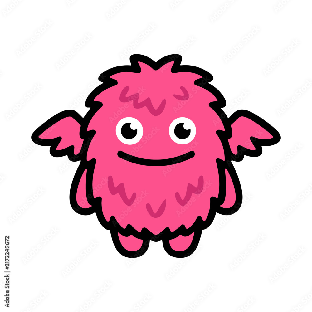 Fototapeta premium Cute Pink Fluffy Monster with Wings and Big Eyes