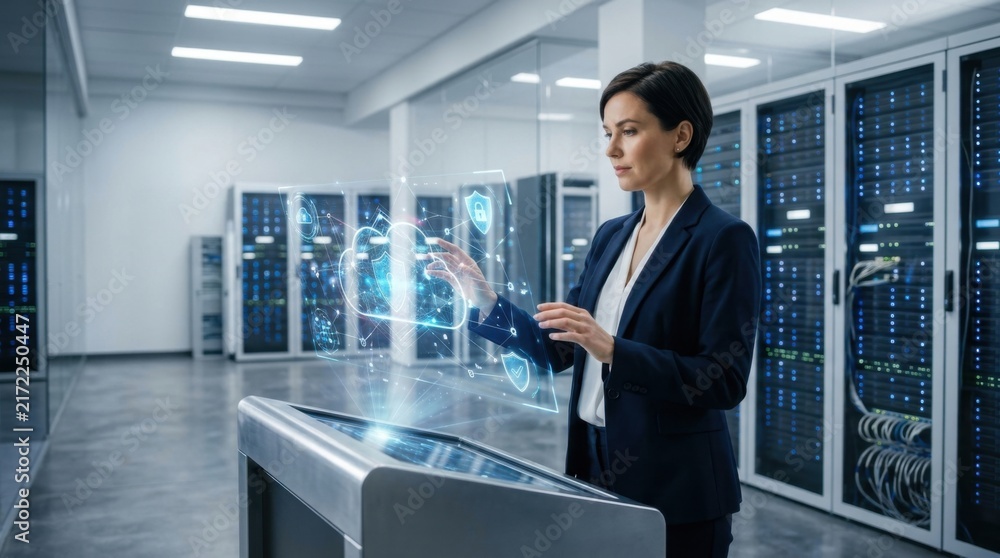 Fototapeta premium Woman Interacting with Holographic Cloud Security Interface in Data Center