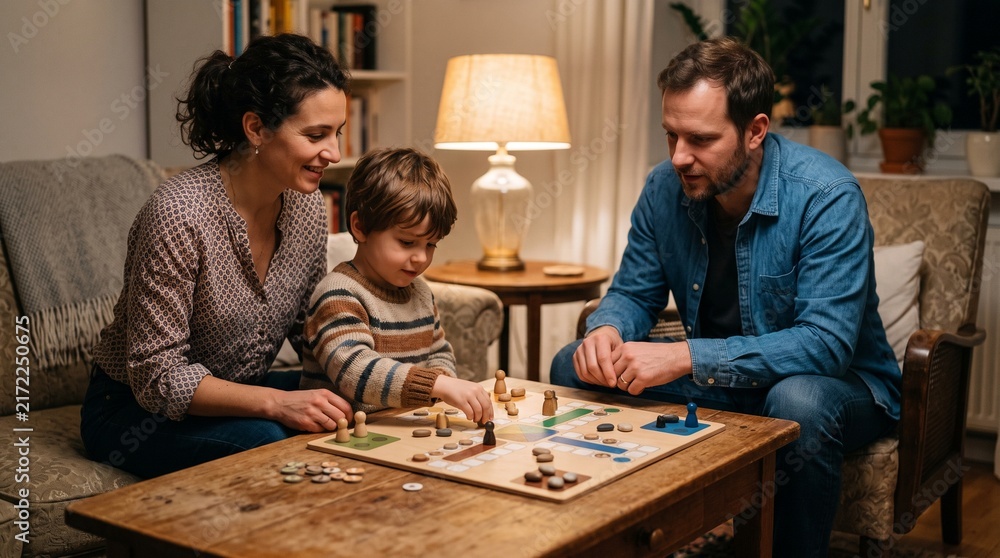 Fototapeta premium Happy family playing a board game together sitting on a cozy sofa and wooden table at home.