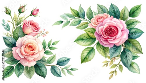 Watercolor pink rose floral corners set isolated on white background for wedding invitation design