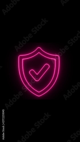 Red Neon Security Shield with Check Mark Glowing on Black Background