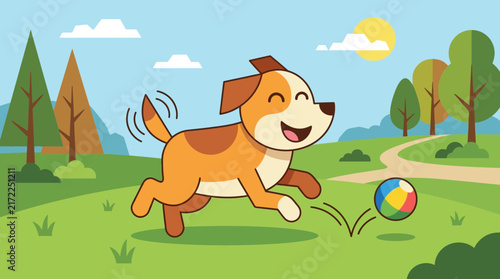 Happy cute dog running playing ball outdoors vector illustration