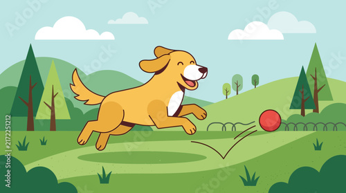 Happy cute dog running playing ball outdoors vector illustration