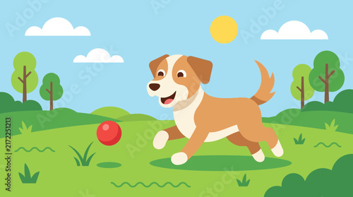Happy cute dog running playing ball outdoors vector illustration