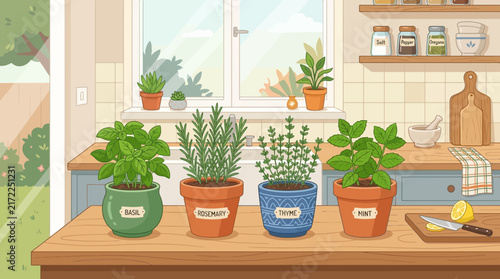 Potted fresh herbs on sunny kitchen windowsill illustration