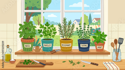 Potted fresh herbs on sunny kitchen windowsill illustration