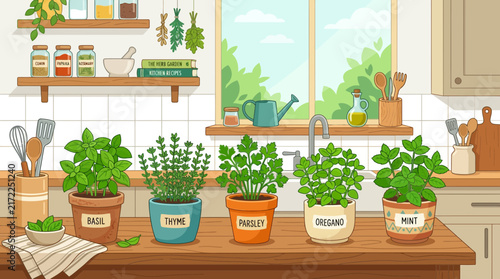 Potted fresh herbs on sunny kitchen windowsill illustration