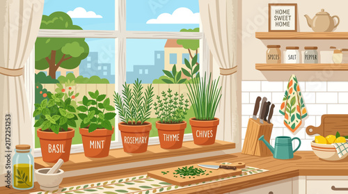 Potted fresh herbs on sunny kitchen windowsill illustration