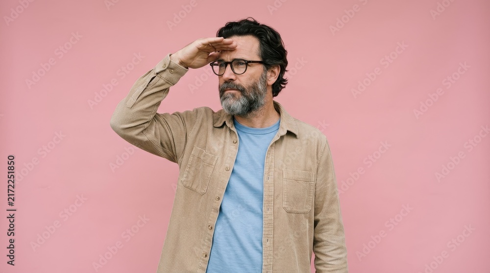 Fototapeta premium Portrait of a Stylish Mature Man Looking Far Away with Hand Over Eyes Against Pink Studio Background