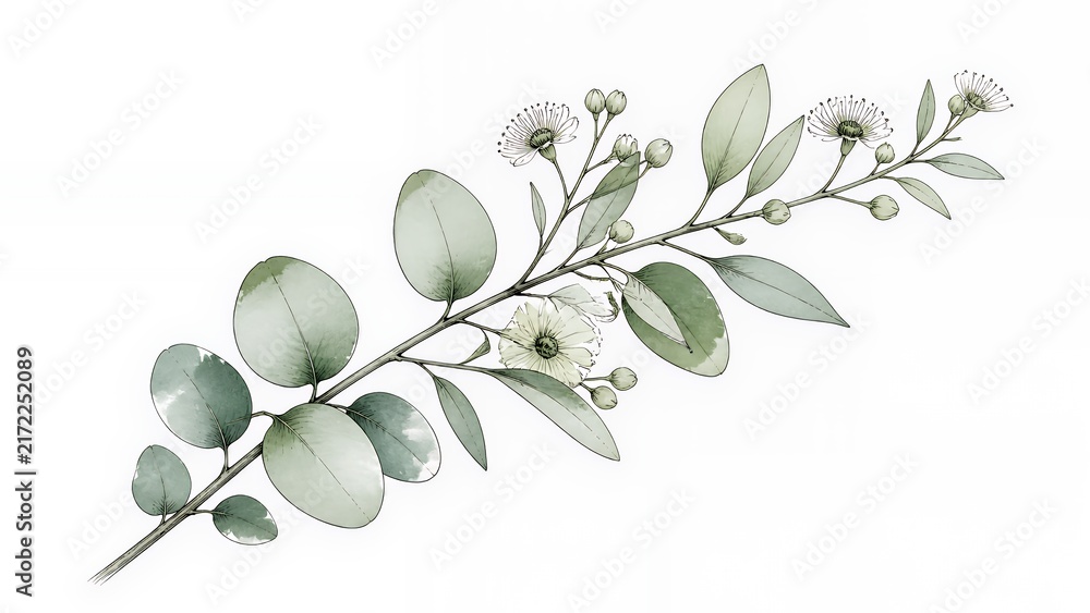 Obraz premium Eucalyptus wildflower branch botanical line art on white