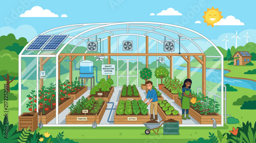 Sustainable greenhouse and smart urban farming vector concept
