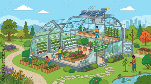 Sustainable greenhouse and smart urban farming vector concept