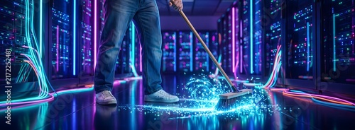 Man sweeping digital data from server room for cybersecurity clean up.
