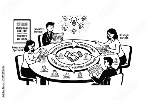 Business professionals discuss strategic alliance and corporate cooperation in a meeting
