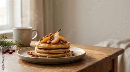 Stack of Fluffy Pancakes Topped with Caramelized Pears and Nuts on Breakfast Table
