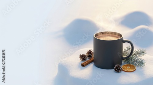 Dark Ceramic Coffee Mug in Deep Snow with Pine Cones and Cinnamon on Winter Day