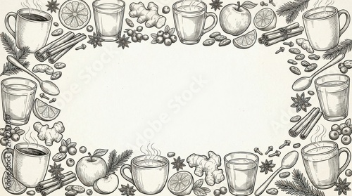 Hand Drawn Winter Spices and Hot Beverage Doodle Frame with Central Copy Space
