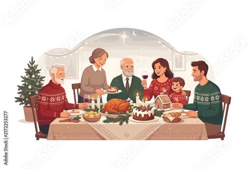 Family gathering around a festive table with a roasted turkey and dessert