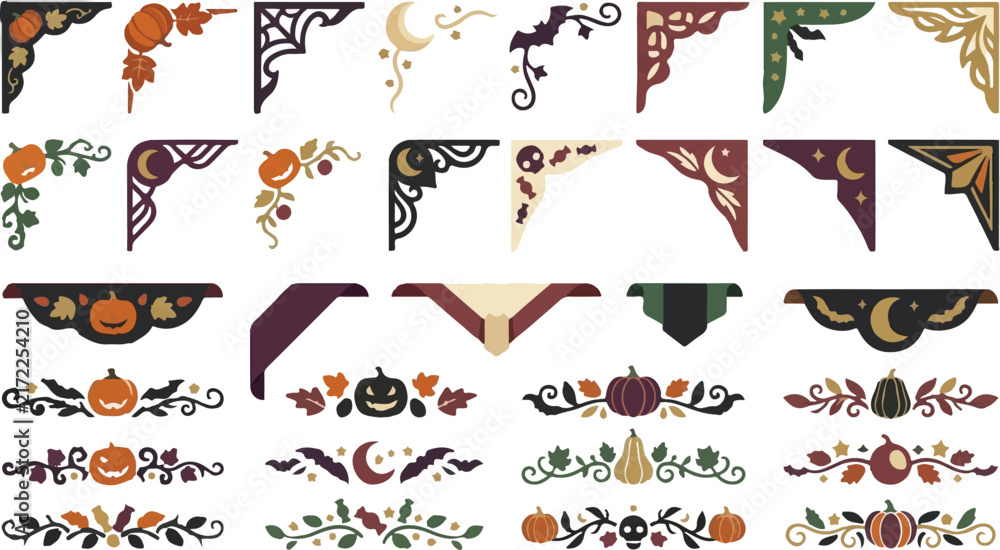 Obraz premium Vintage Halloween ornaments, retro pumpkin, moon, spider web borders, old style vector elements, traditional autumn foliage, spooky seasonal motifs
