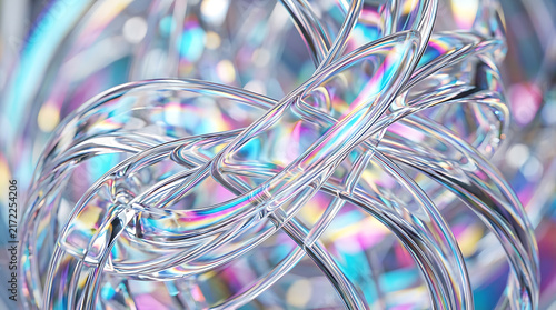 Abstract of intricate, glowing, white geometric lines and shapes on a vibrant, multicolored background