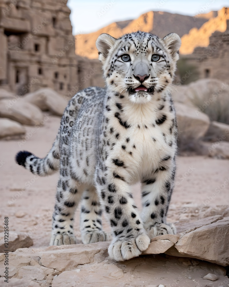 Obraz premium A fur toned snow leopard cub in desert ruins