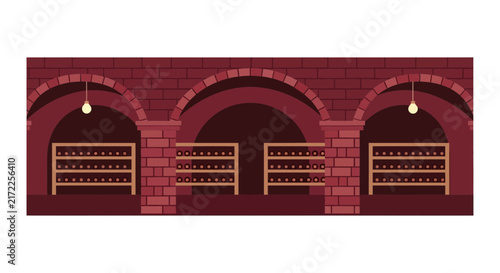 Flat Illustration of a Traditional Brick Wine Cellar with Vaulted Arches and Storage Racks