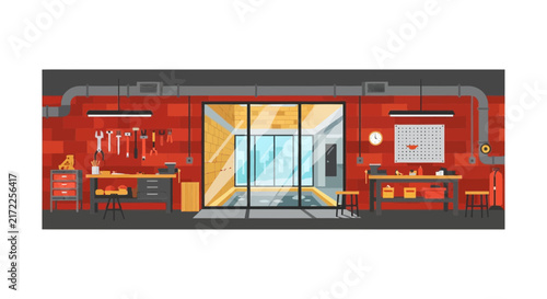 Industrial Workshop and Garage Interior Flat Vector Illustration