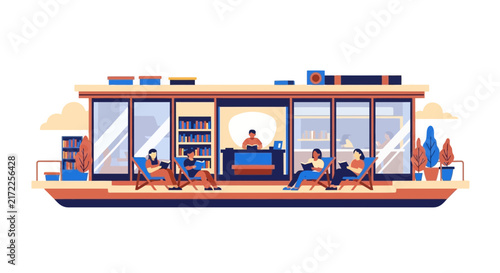 Modern Houseboat Library Illustration with People Reading