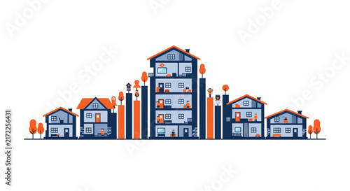 Flat Illustration of Housing Market Growth and Urban Real Estate Statistics