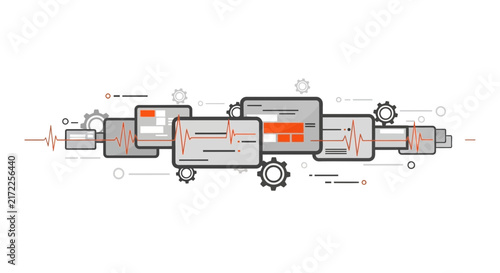 Abstract Technology Monitoring Interface with Heartbeat Pulse and Industrial Gears
