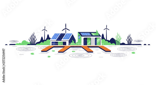 Eco-Friendly Floating Houses with Solar Panels and Wind Turbines Illustration